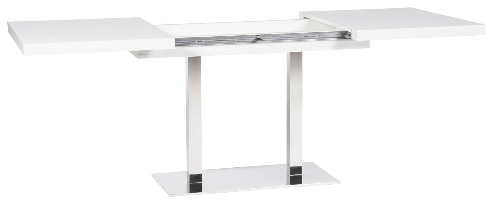 Moderner weißer Esstisch mit ausziehbarer Tischplatte, seitliche Perspektive