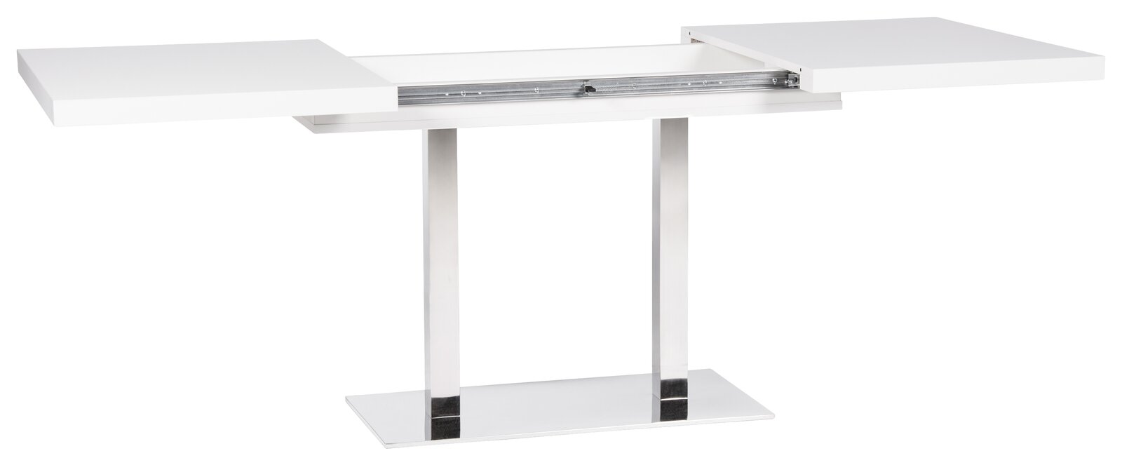 Moderner weißer Esstisch mit ausziehbarer Tischplatte, seitliche Perspektive