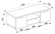 Technische Maßzeichnung eines TV-Lowboards mit zwei seitlichen Türen und offenem Mittelregal, Gesamtmaß ca. 1150 x 403 x 378 mm, dargestellt in schräger Frontansicht (perspektivische Ansicht).