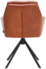 Rückansicht eines braunen Armlehnstuhls mit schwarzem Metallgestell