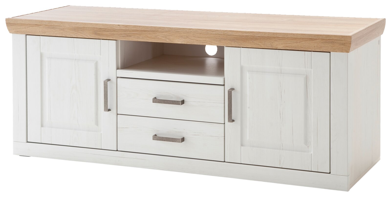 Weißes TV-Lowboard im Landhausstil mit naturfarbener Holzplatte, zwei Türen, zwei Schubladen und offenem Fach mit Kabeldurchlass, Ansicht schräg von vorne