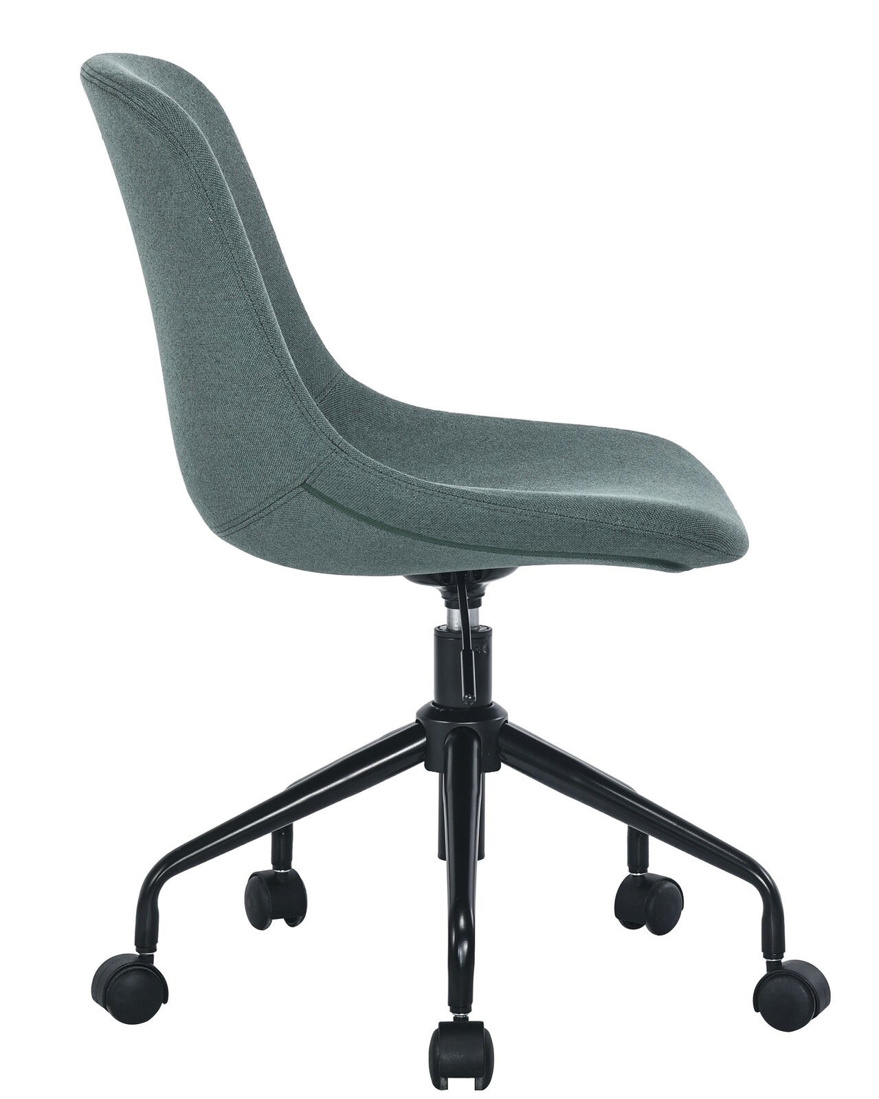 Seitenansicht eines modernen Home Office Drehstuhls mit grauem Stoffbezug und schwarzem Metallgestell auf Rollen.