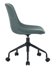 Seitenansicht eines modernen Home Office Drehstuhls mit grauem Stoffbezug und schwarzem Metallgestell auf Rollen.