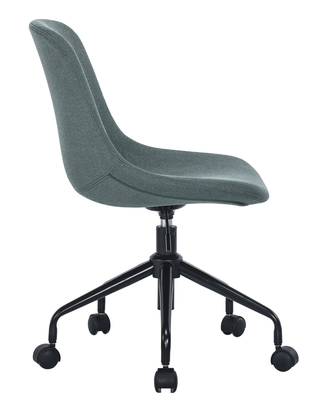 Seitenansicht eines modernen Home Office Drehstuhls mit grauem Stoffbezug und schwarzem Metallgestell auf Rollen.