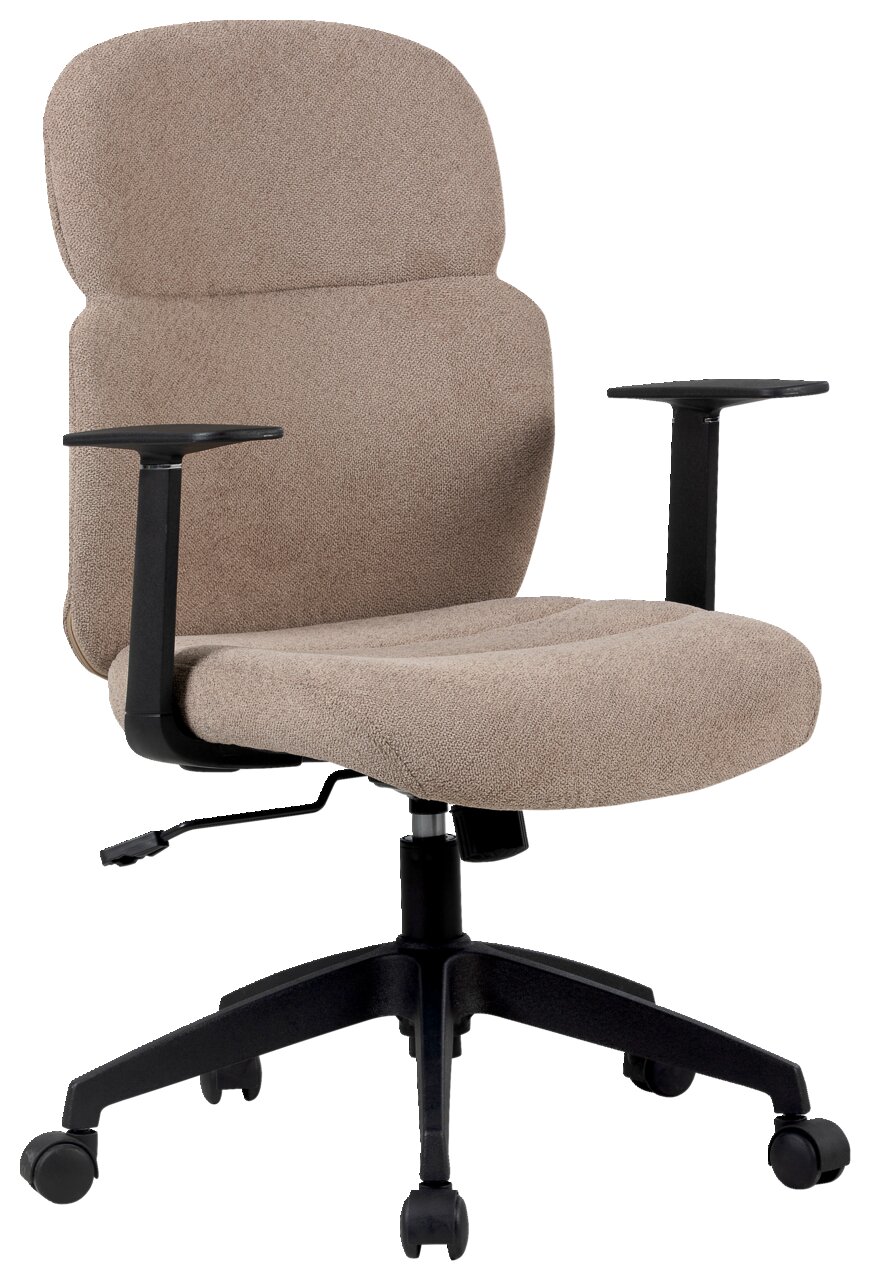 Beiger Drehstuhl mit Armlehnen und Rollen, seitliche Perspektive