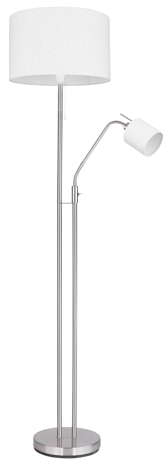 Moderne Bogen-Stehlampe mit weißem Stoffschirm und verstellbarer Leselampe, Metallgestell in Silber/Chromoptik, freigestellt auf weißem Hintergrund, Frontalansicht