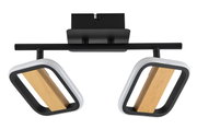 Moderner LED-Strahler mit zwei rechteckigen, schwenkbaren Leuchten in Holzoptik, Ansicht von vorne.