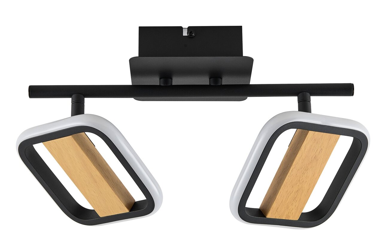 Moderner LED-Strahler mit zwei rechteckigen, schwenkbaren Leuchten in Holzoptik, Ansicht von vorne.