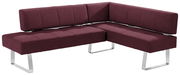 Eckbank in Weinrot mit modernem Design und Metallbeinen, seitliche Perspektive