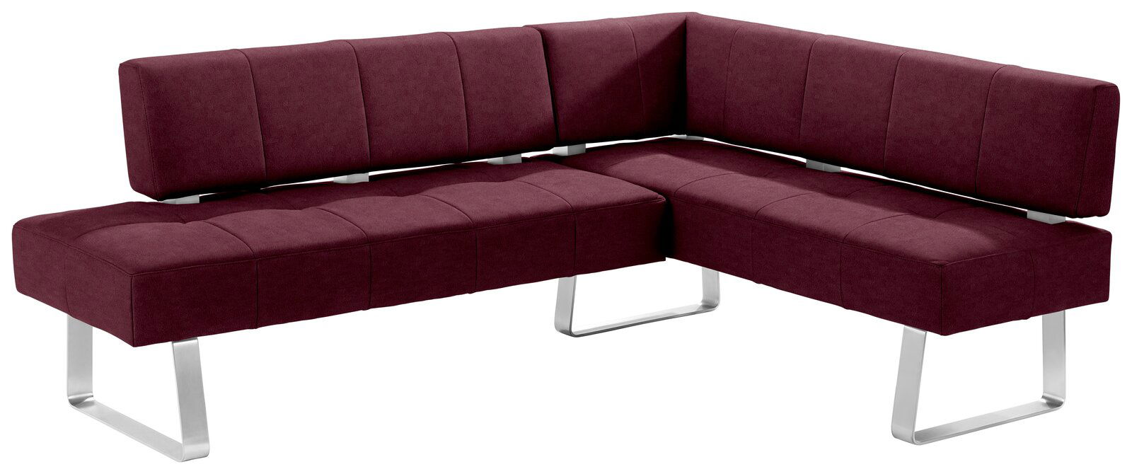 Eckbank in Weinrot mit modernem Design und Metallbeinen, seitliche Perspektive