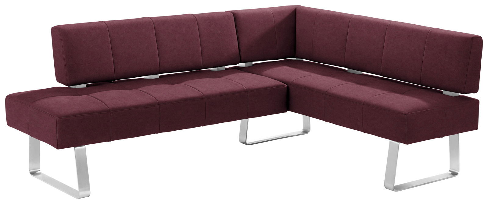 Eckbank in Weinrot mit modernem Design und Metallbeinen, seitliche Perspektive