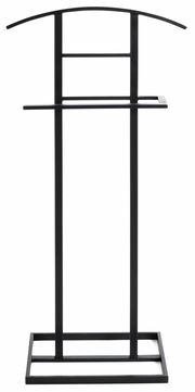 Schwarzer Herrendiener aus Metall, frontal abgebildet, mit gebogenem oberen Bügel und rechteckiger Basis.