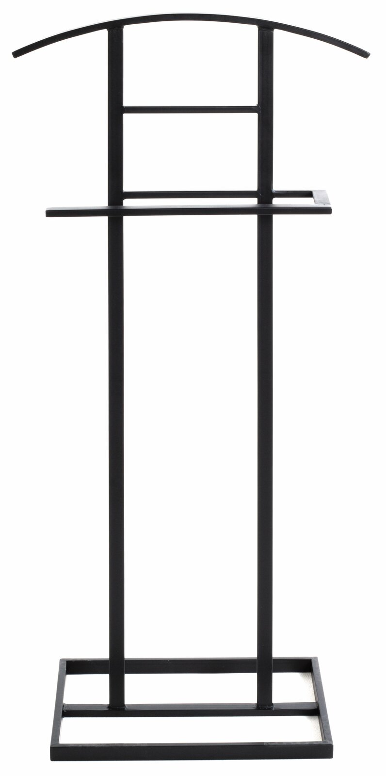 Schwarzer Herrendiener aus Metall, frontal abgebildet, mit gebogenem oberen Bügel und rechteckiger Basis.