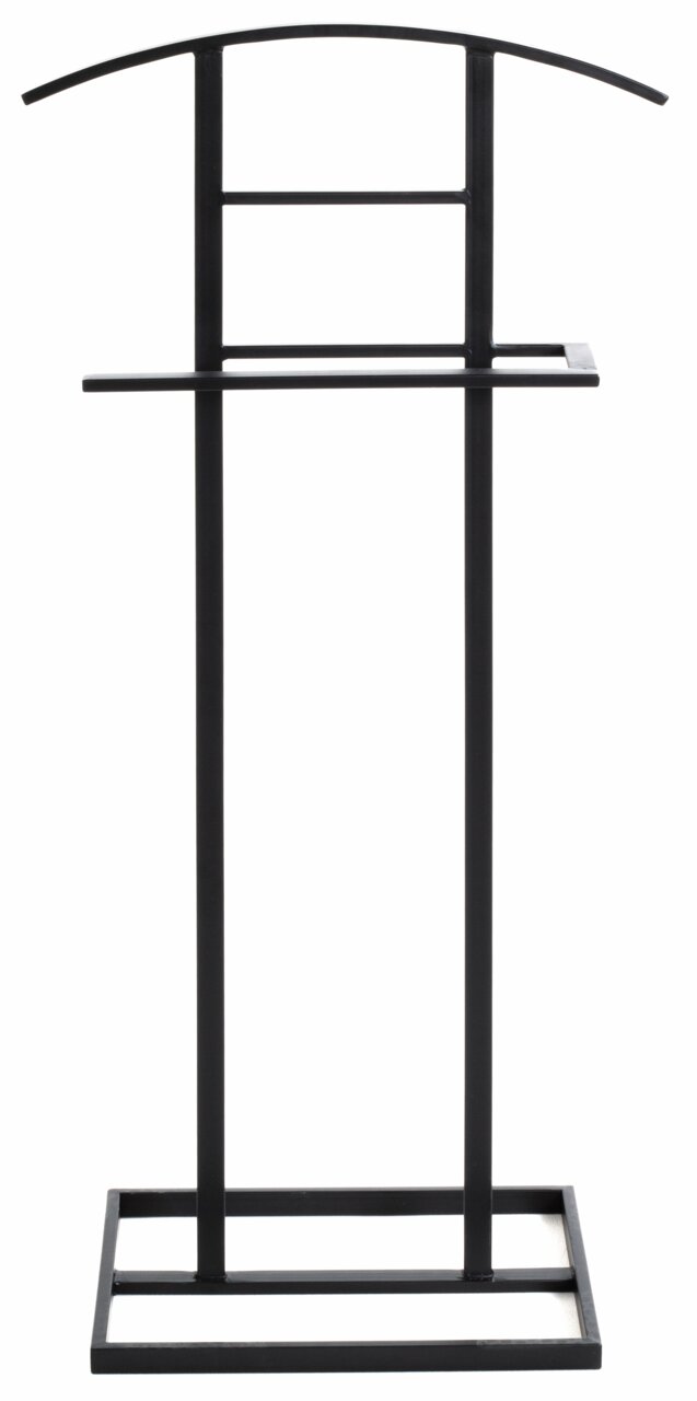Schwarzer Herrendiener aus Metall, frontal abgebildet, mit gebogenem oberen Bügel und rechteckiger Basis.