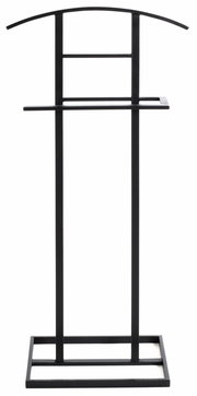 Schwarzer Herrendiener aus Metall, frontal abgebildet, mit gebogenem oberen Bügel und rechteckiger Basis.