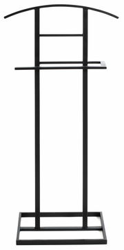 Schwarzer Herrendiener aus Metall, frontal abgebildet, mit gebogenem oberen Bügel und rechteckiger Basis.