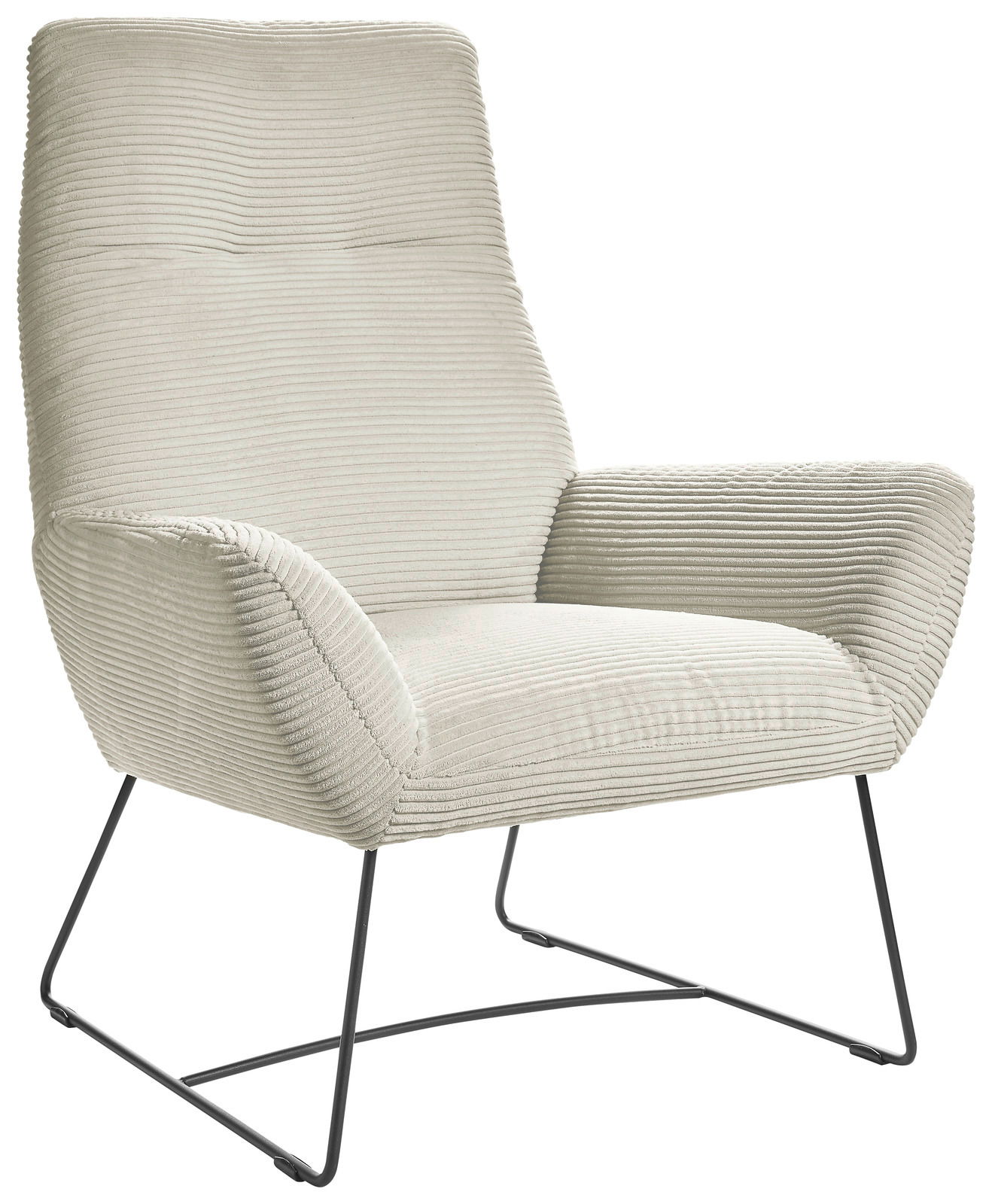Lounge Handmade Sessel LH-BEN Moderner Sessel mit hellgrauem Cordbezug und schlanken Metallbeinen, seitliche Perspektive