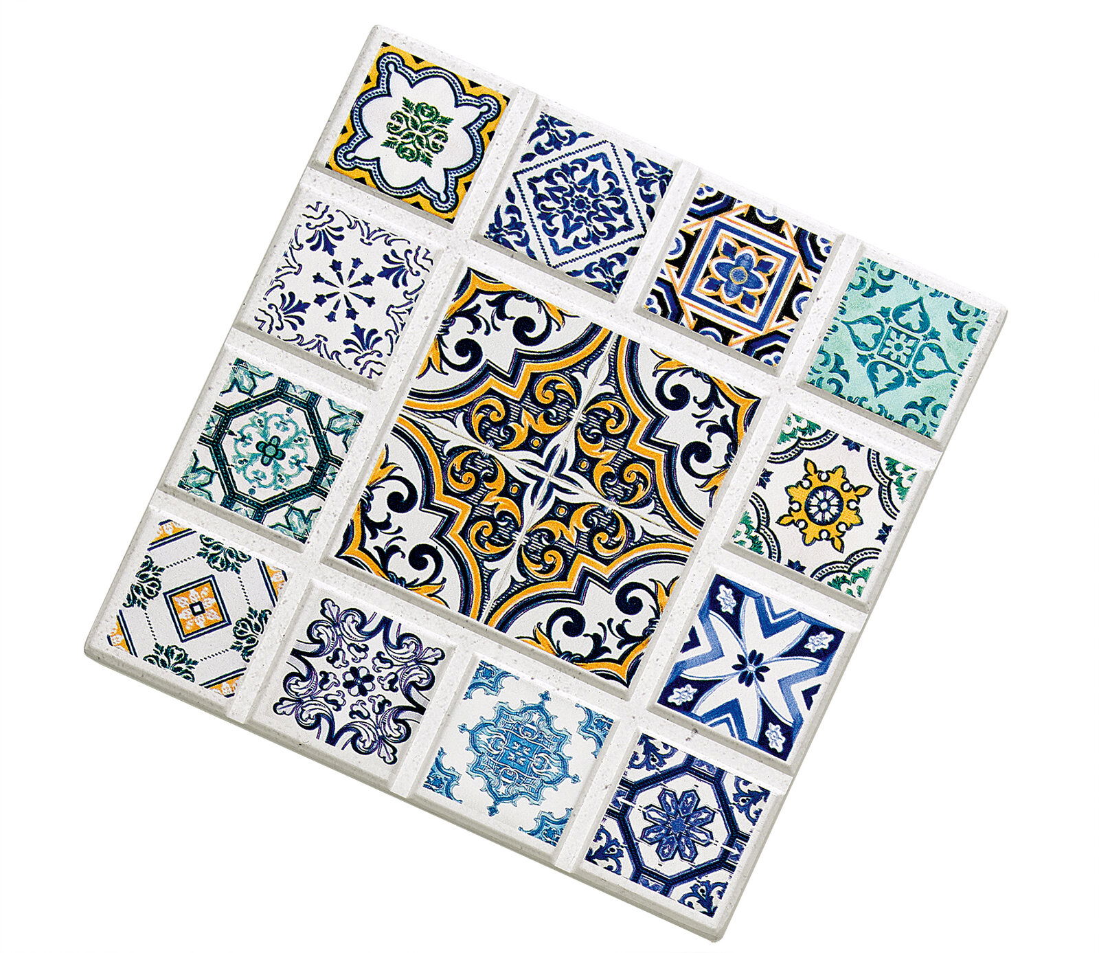 Zassenhaus Untersetzer AGADIR Untersetzer AGADIR Raute mit buntem Mosaikmuster, schräg von oben fotografiert.