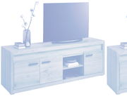 TV-Lowboard aus Holz mit zwei Türen, einem offenen Fach und dekorativen Elementen, seitliche Perspektive