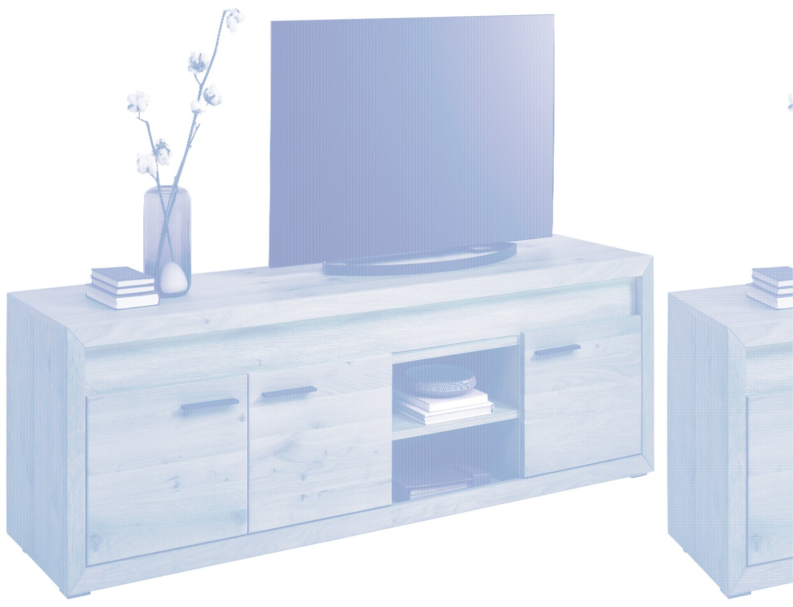 TV-Lowboard aus Holz mit zwei Türen, einem offenen Fach und dekorativen Elementen, seitliche Perspektive