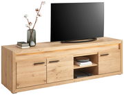 TV-Lowboard aus Holz mit zwei Türen, einem offenen Fach und dekorativen Elementen, seitliche Perspektive