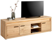 TV-Lowboard aus Holz mit zwei Türen, einem offenen Fach und dekorativen Elementen, seitliche Perspektive