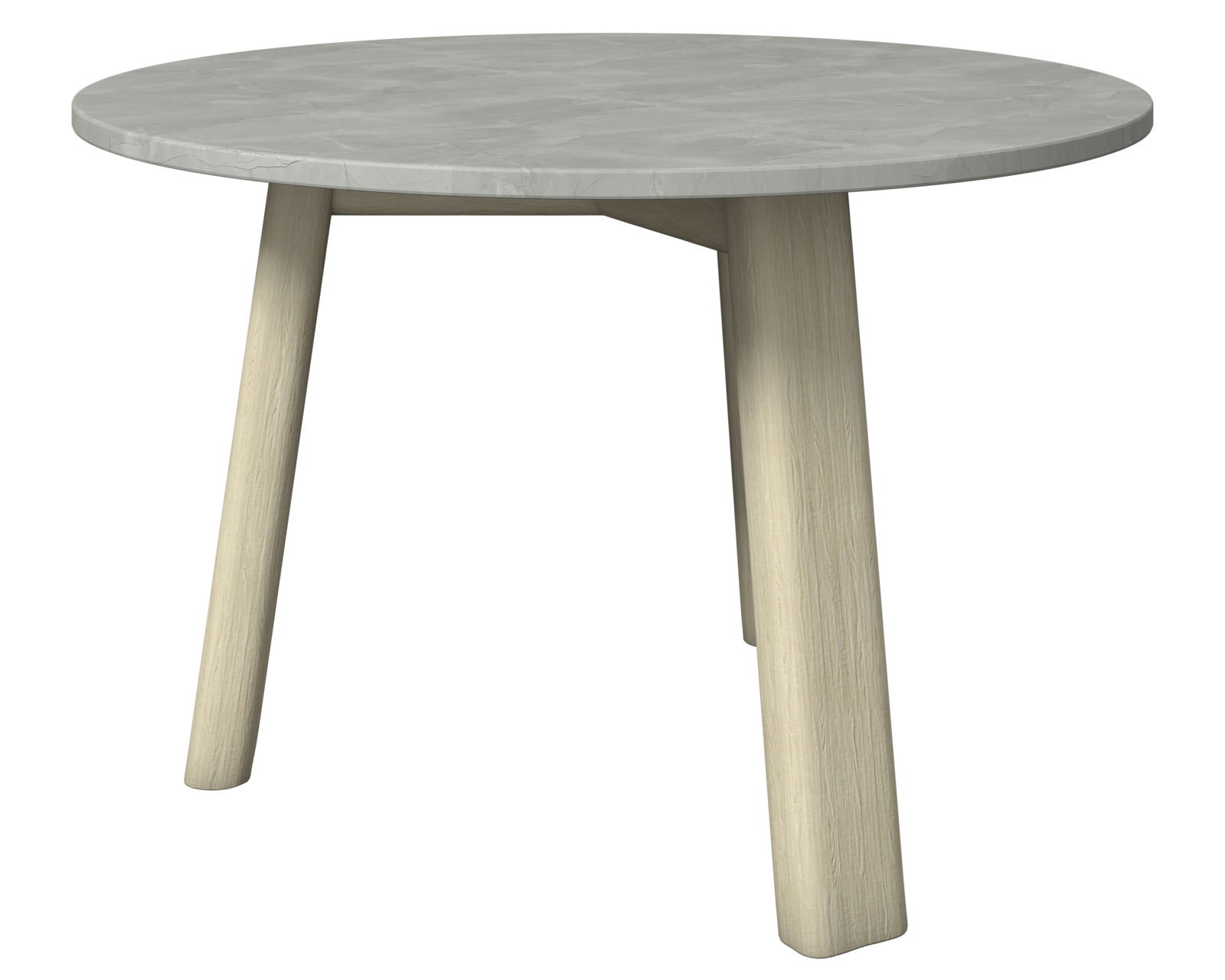 Runder Loungetisch mit grauer Tischplatte und hellen Holzbeinen, seitliche Perspektive