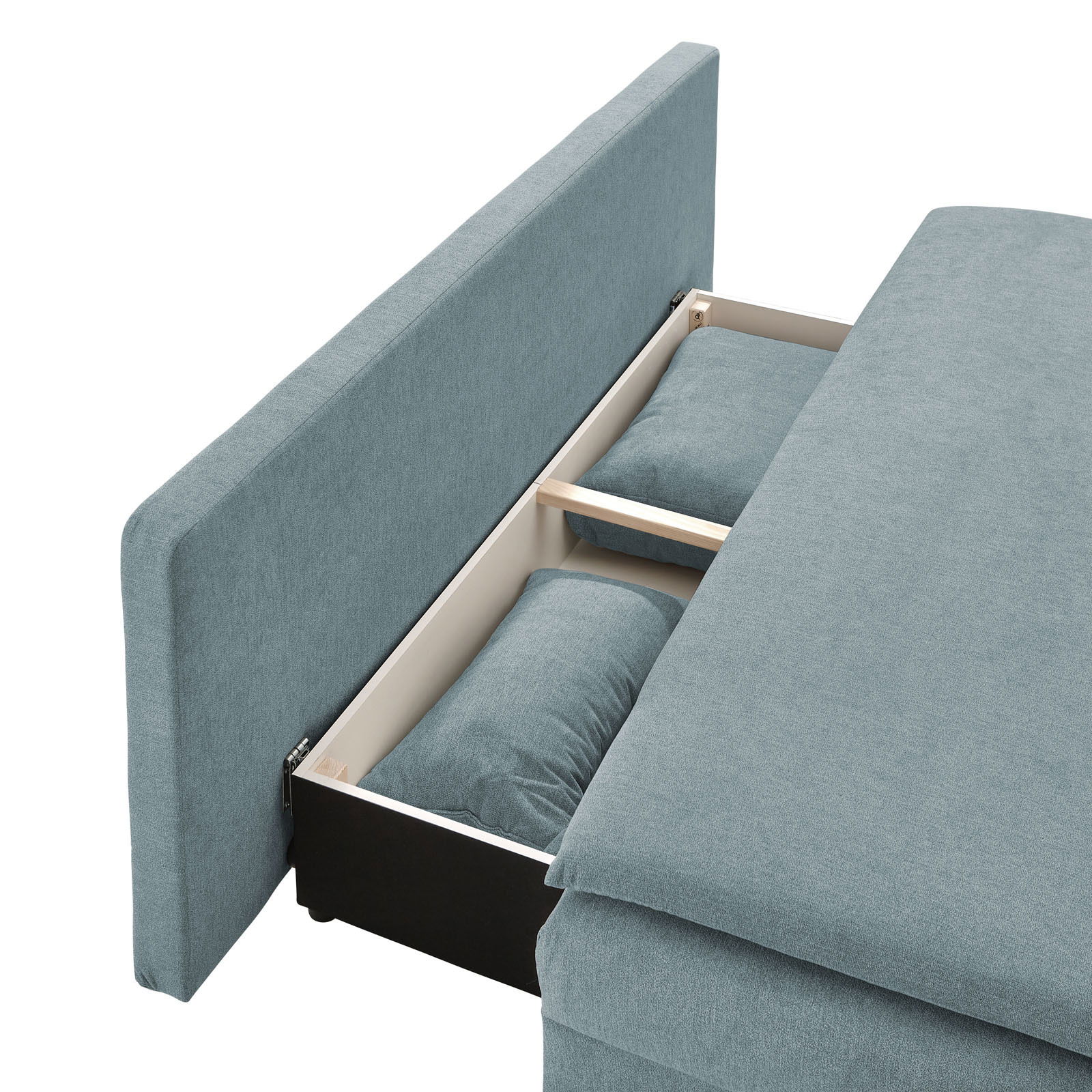 Funktionssofa in blauer Farbe mit geöffneter Stauraumfunktion, seitliche Perspektive