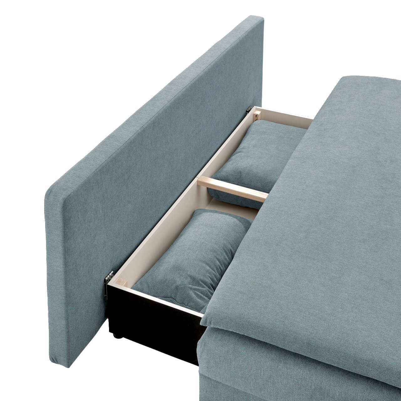 Funktionssofa in blauer Farbe mit geöffneter Stauraumfunktion, seitliche Perspektive