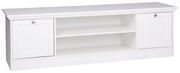 Weißes TV-Board mit zwei Türen und offenen Regalfächern, frontale Ansicht
