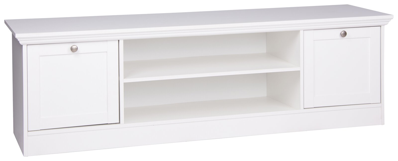 Weißes TV-Board mit zwei Türen und offenen Regalfächern, frontale Ansicht