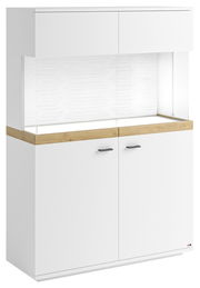 Weißes Highboard mit Holzdetails und zwei Türen, seitliche Perspektive