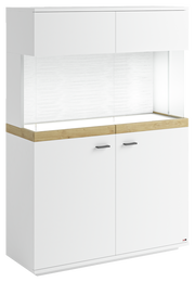 Weißes Highboard mit Holzdetails und zwei Türen, seitliche Perspektive