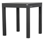 Moderner, rechteckiger Gartentisch in dunklem Grau, seitliche Perspektive.