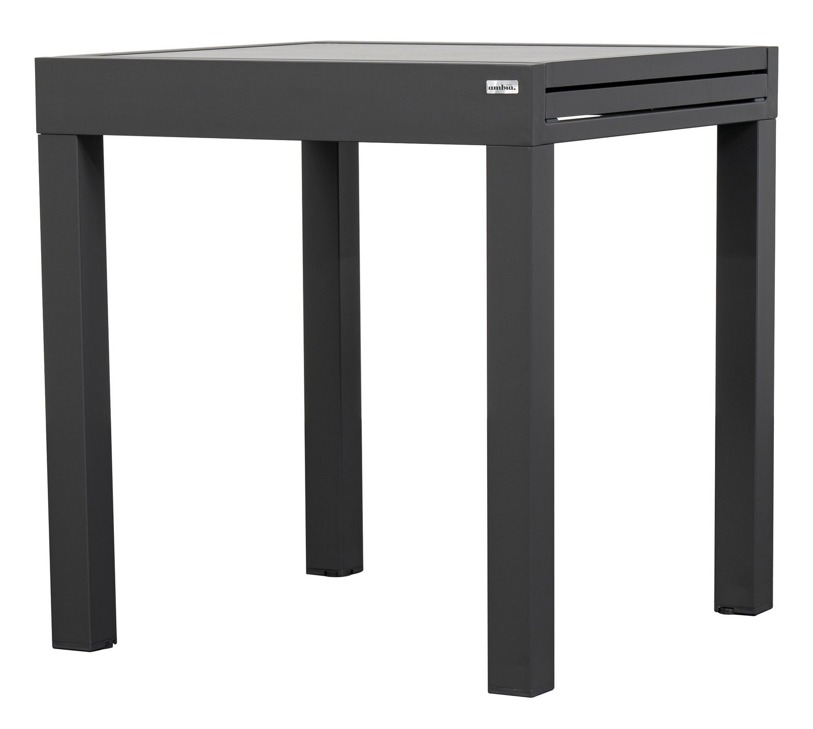 Moderner, rechteckiger Gartentisch in dunklem Grau, seitliche Perspektive.