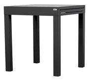 Moderner, rechteckiger Gartentisch in dunklem Grau, seitliche Perspektive.