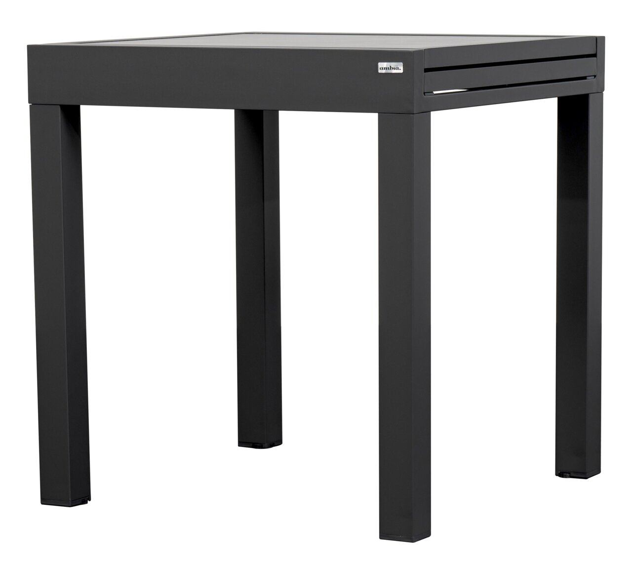 Moderner, rechteckiger Gartentisch in dunklem Grau, seitliche Perspektive.