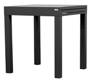 Moderner, rechteckiger Gartentisch in dunklem Grau, seitliche Perspektive.