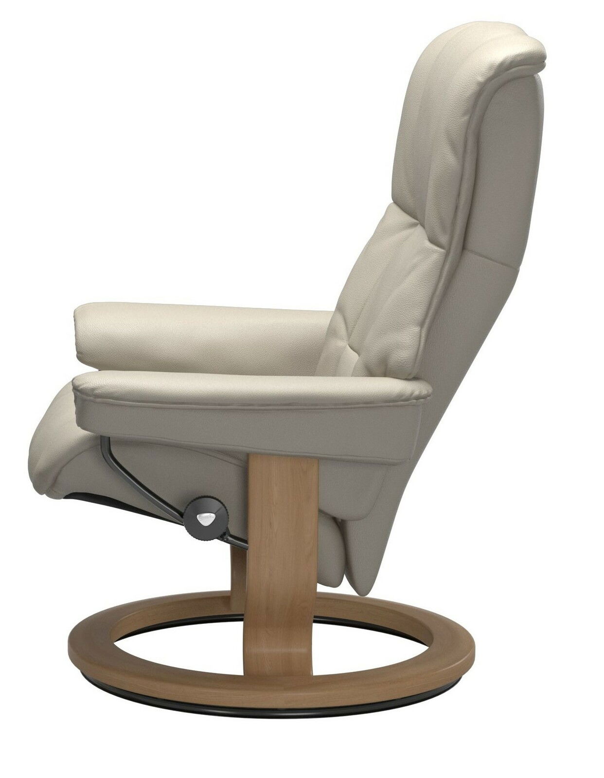 Seitenansicht eines beigen Einzelsessels mit Holzfuß und rundem Sockel.