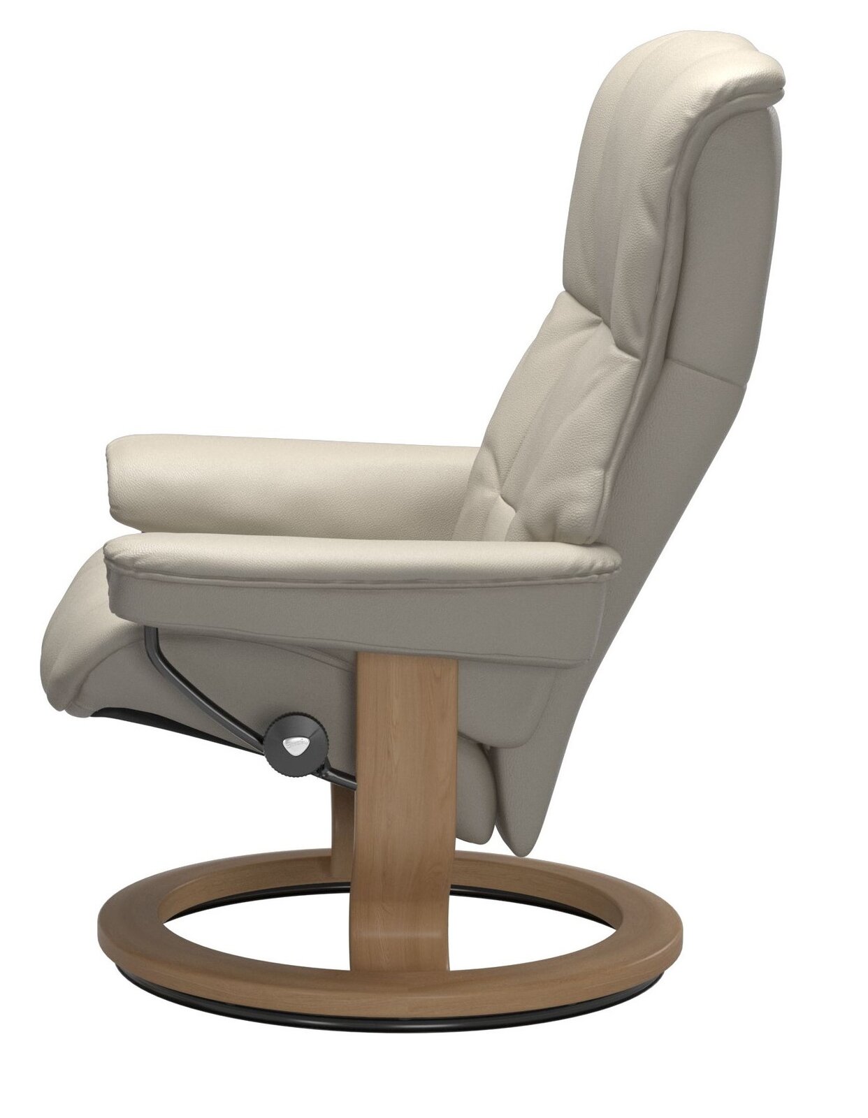 Seitenansicht eines beigen Einzelsessels mit Holzfuß und rundem Sockel.