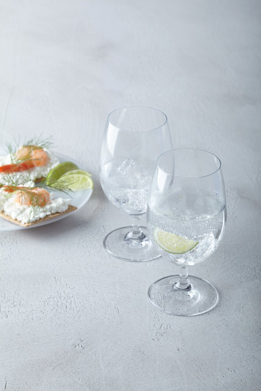 Zwei Wassergläser Daily 370ml mit Limettenscheiben und Sprudelwasser, von schräg oben fotografiert, neben einem Teller mit Crackern, Garnelen und Limetten.