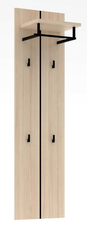 Garderobenpaneel aus hellem Holz mit schwarzem Metallgestell, vier Haken und einem oberen Regalbrett, frontale Ansicht.