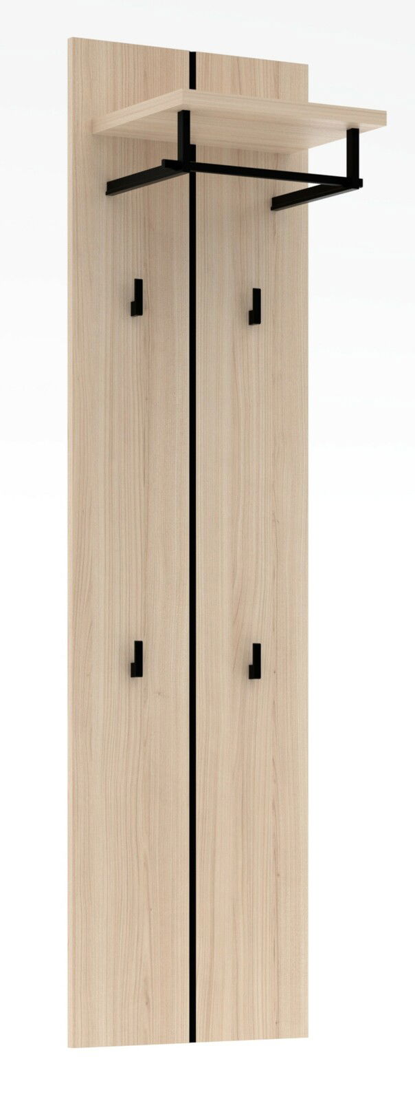 Voleo Garderobenpaneel STARLIGHT Garderobenpaneel aus hellem Holz mit schwarzem Metallgestell, vier Haken und einem oberen Regalbrett, frontale Ansicht.