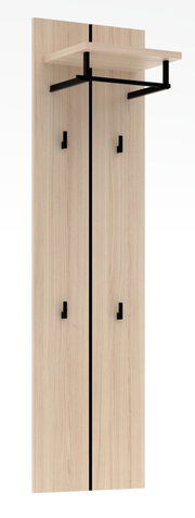 Garderobenpaneel aus hellem Holz mit schwarzem Metallgestell, vier Haken und einem oberen Regalbrett, frontale Ansicht.