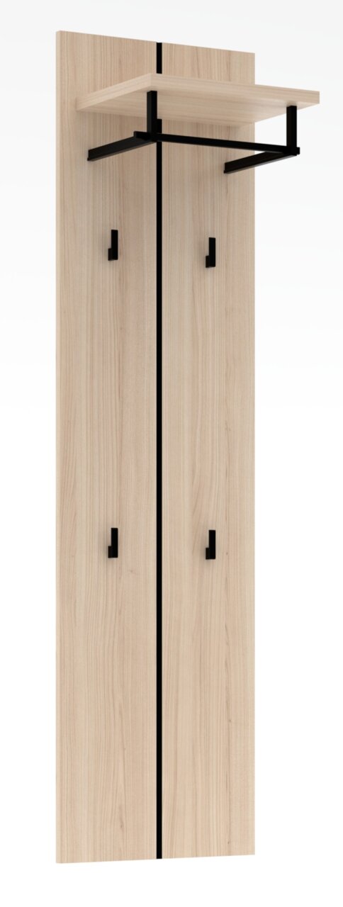 Garderobenpaneel aus hellem Holz mit schwarzem Metallgestell, vier Haken und einem oberen Regalbrett, frontale Ansicht.