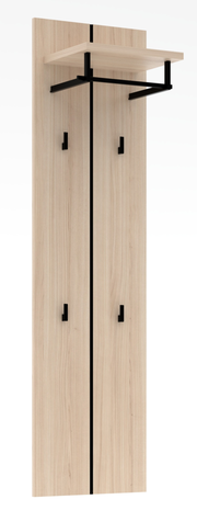 Garderobenpaneel aus hellem Holz mit schwarzem Metallgestell, vier Haken und einem oberen Regalbrett, frontale Ansicht.