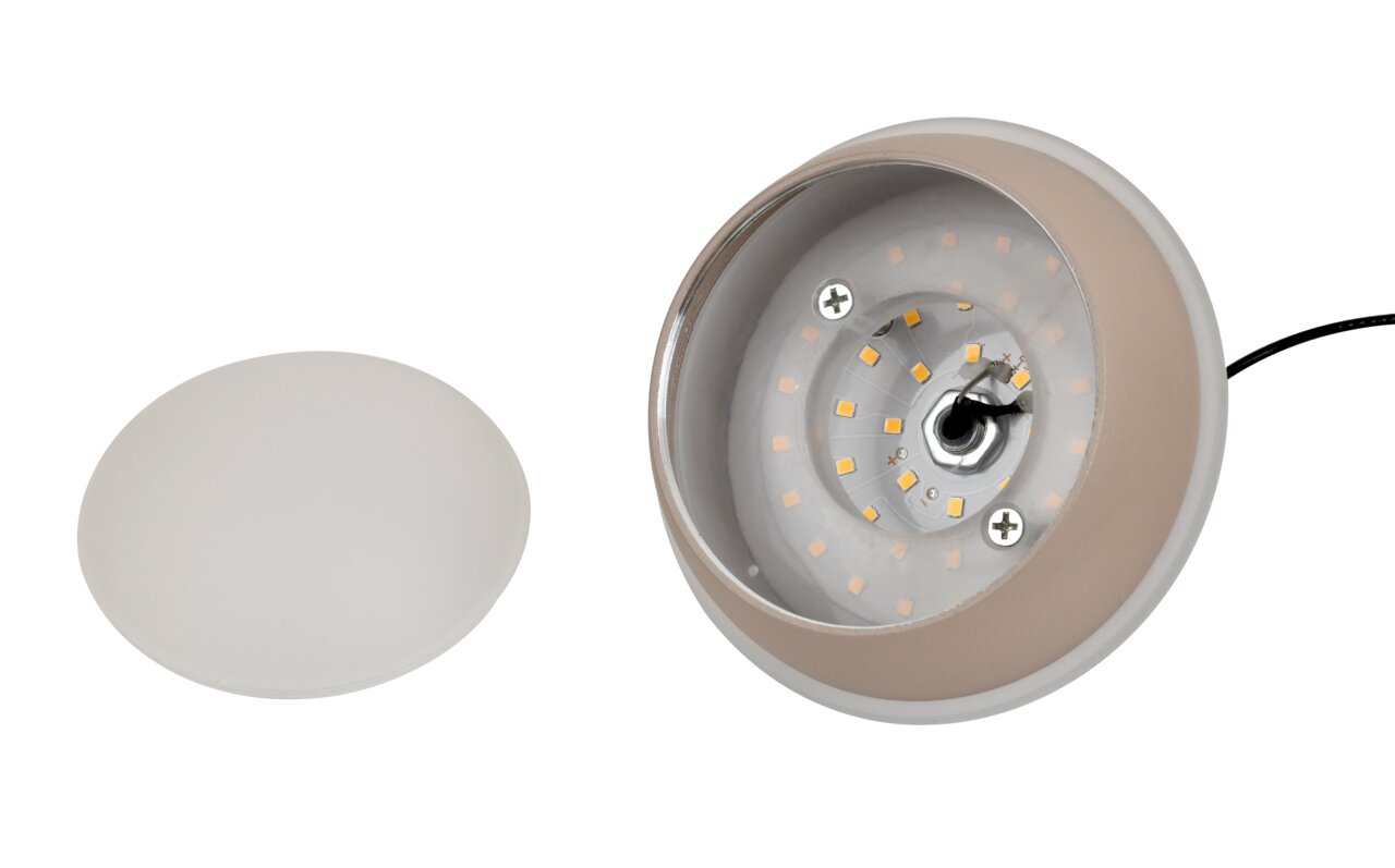 Close-up van een LED-hanglamp waarvan de kap is verwijderd, waardoor de LED-lichtbron en de bevestigingsschroeven zichtbaar zijn.