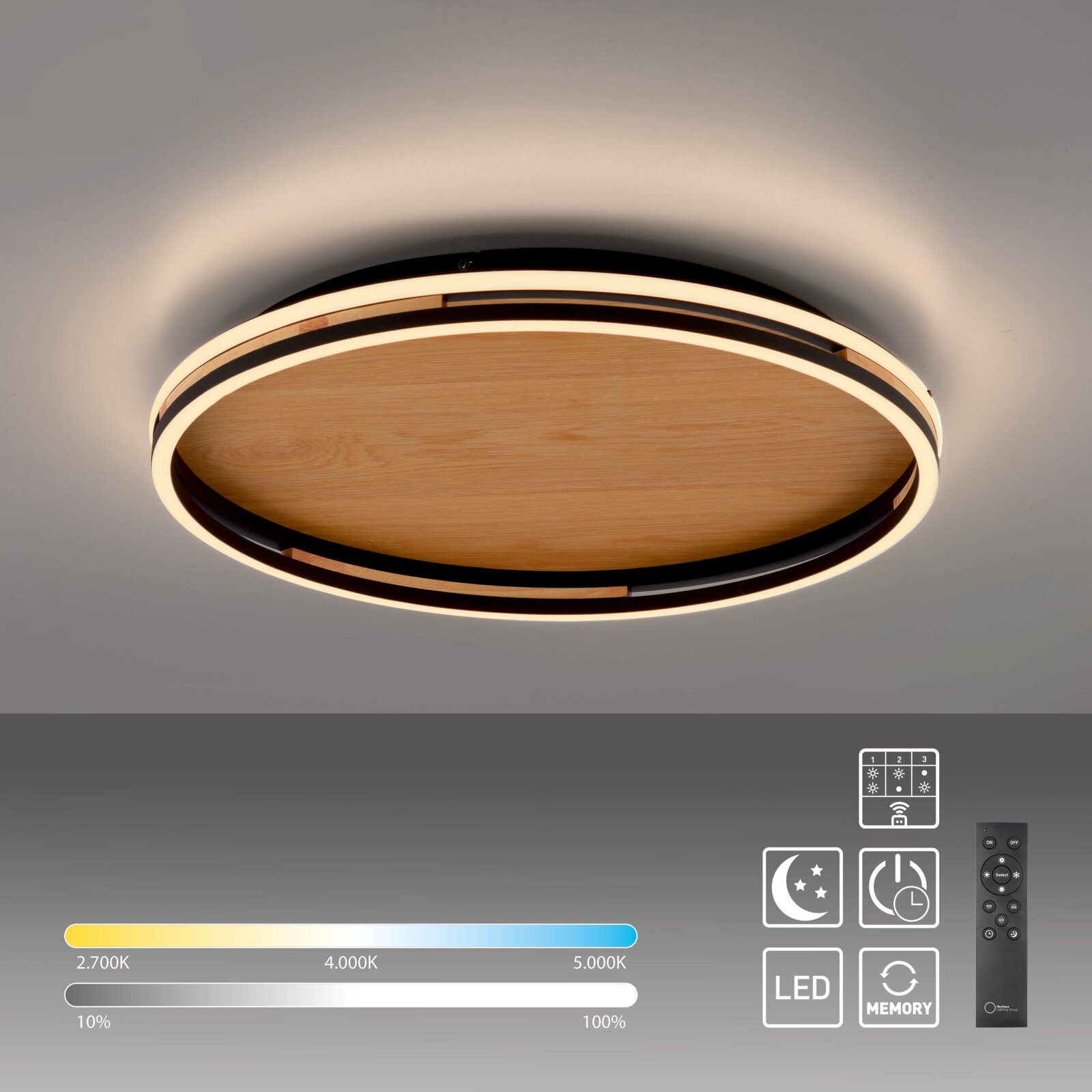 Runde LED-Deckenleuchte mit Holzoptik-Innenfläche und schwarzem Rahmen, umlaufendem Lichtband sowie Fernbedienung für Dimmen und Farbtemperatur (2700–5000 K), Ansicht von unten (Untersicht)