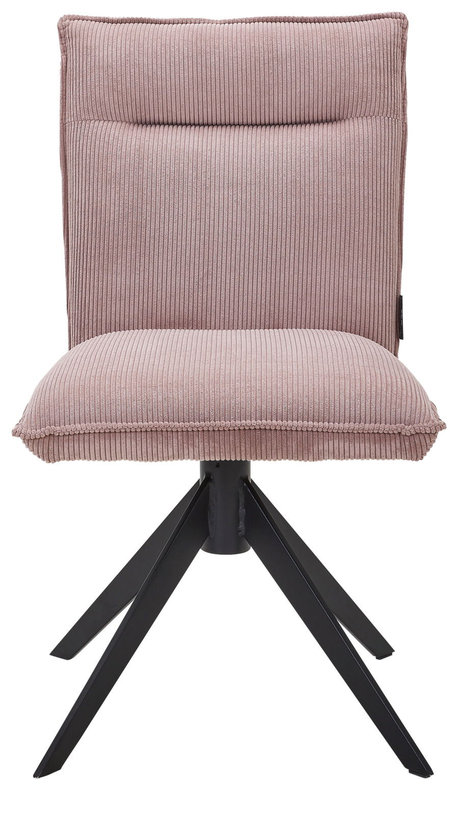 Moderner Stuhl mit rosa Polsterung und schwarzem Metallgestell, Frontalansicht