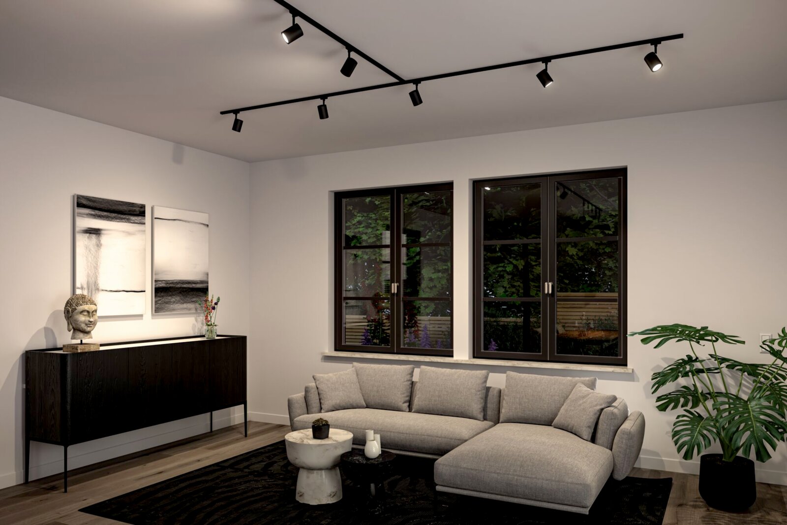 Moderne Wohnzimmeransicht mit Schienenspot Luxe Beleuchtung an der Decke, grauem Sofa, schwarzem Sideboard und großen Fenstern mit Blick auf den Garten.